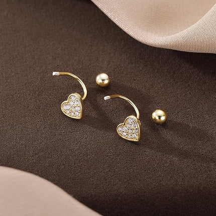 SLUYNZ Sterling Silver Small CZ Heart Half Hoop Earrings for Women Teen Girls Love Half Hoop Earrings Cartilage Helix Piercing Ball Studs