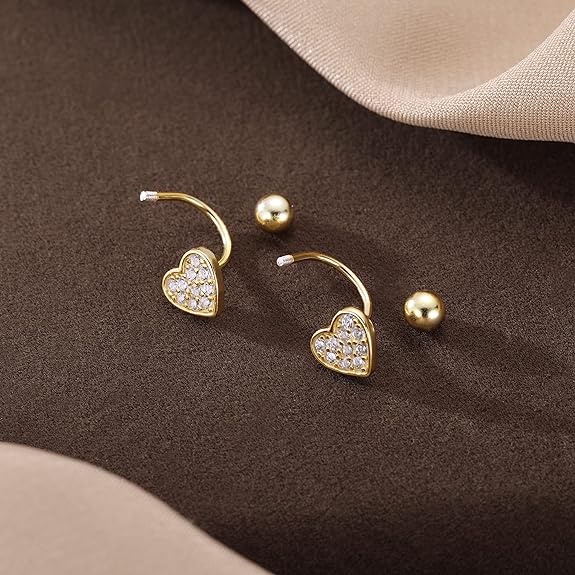 SLUYNZ Sterling Silver Small CZ Heart Half Hoop Earrings for Women Teen Girls Love Half Hoop Earrings Cartilage Helix Piercing Ball Studs