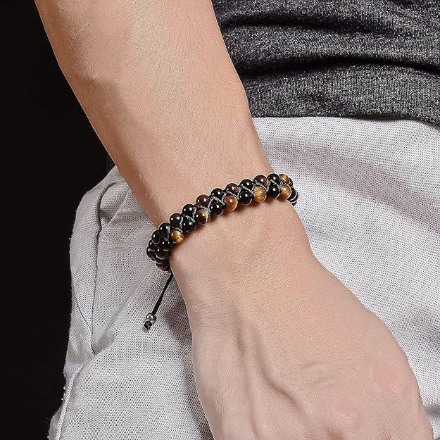 Triple Protection Bracelet Lava Rock Men's Stone Bead Bracelet -Adjustable Tiger Eye