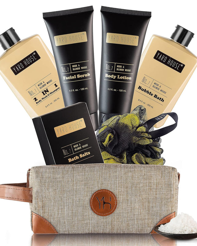 Mens Bath and Body Gift Set - Musk and Blonde Woods - Luxury Christmas, Birthday, Fathers Day Gifts From Daughter, Wife, Son For Dad, Husband - Relaxing Spa Kit for Him in Toiletry Bag