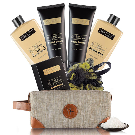 Mens Bath and Body Gift Set - Musk and Blonde Woods - Luxury Christmas, Birthday, Fathers Day Gifts From Daughter, Wife, Son For Dad, Husband - Relaxing Spa Kit for Him in Toiletry Bag