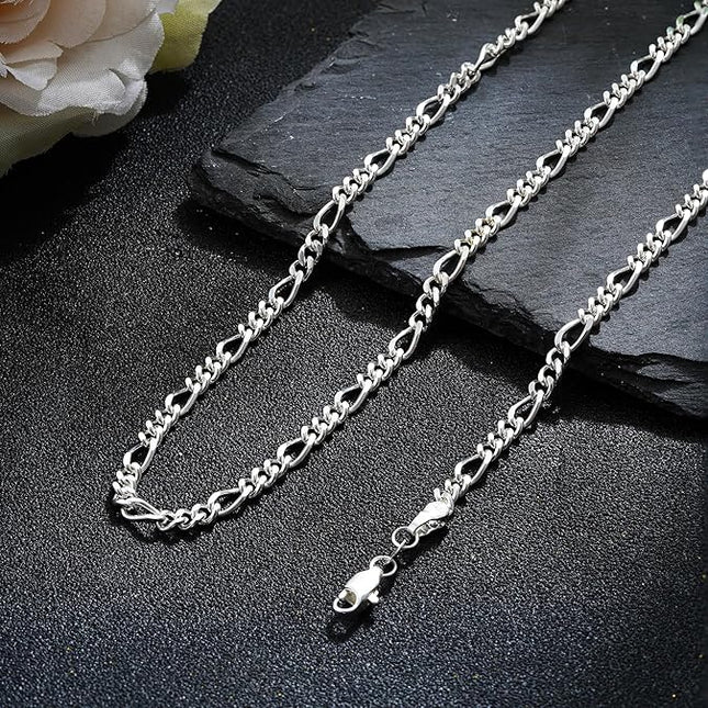 925 Sterling Silver Over Figaro Chain, Dianty Diamond Cut 4mm Silver Chain for Men Jewelry Gifts for Men Father Boyfriends 20 Inches