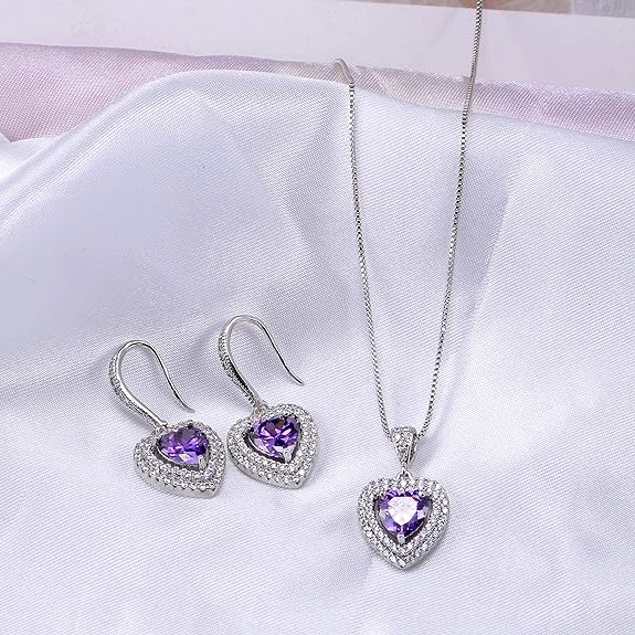 AMYJANE Crystal Jewelry Set Bride Bridesmaid- Sterling Silver Heart Shape Cubic Zirconia Crystal Bridal Pendant Necklace Earrings Set for Women