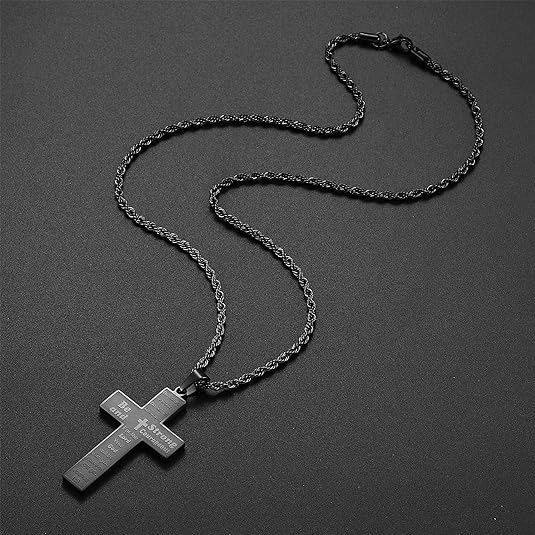 Bible Verse Cross Necklace for Men, Stainless Steel Cross Pendant Rope Chain Necklace Gifts for Boys