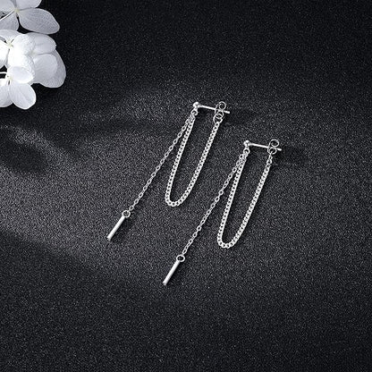 SLUYNZ Solid 925 Sterling Silver Bar Dangle Earrings for Women Teen Girls Minimalist Dangle Earrings Threader Chain