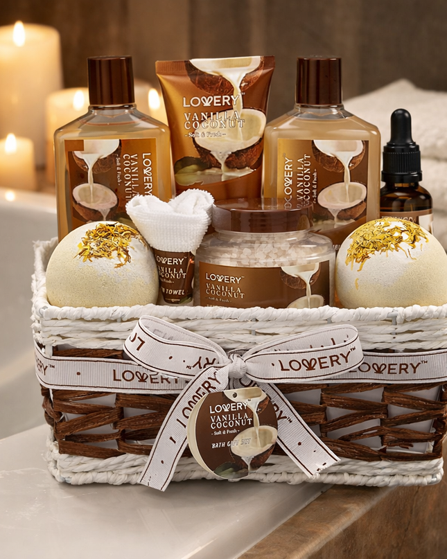 Bath and Body Gift Basket For Women and Men – 9 Piece Set of Vanilla Coconut Home Spa Set, Includes Fragrant Lotions, Extra Large Bath Bombs, Coconut Oil, Luxurious Bath Towel & More