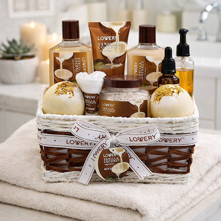Bath and Body Gift Basket For Women and Men – 9 Piece Set of Vanilla Coconut Home Spa Set, Includes Fragrant Lotions, Extra Large Bath Bombs, Coconut Oil, Luxurious Bath Towel & More
