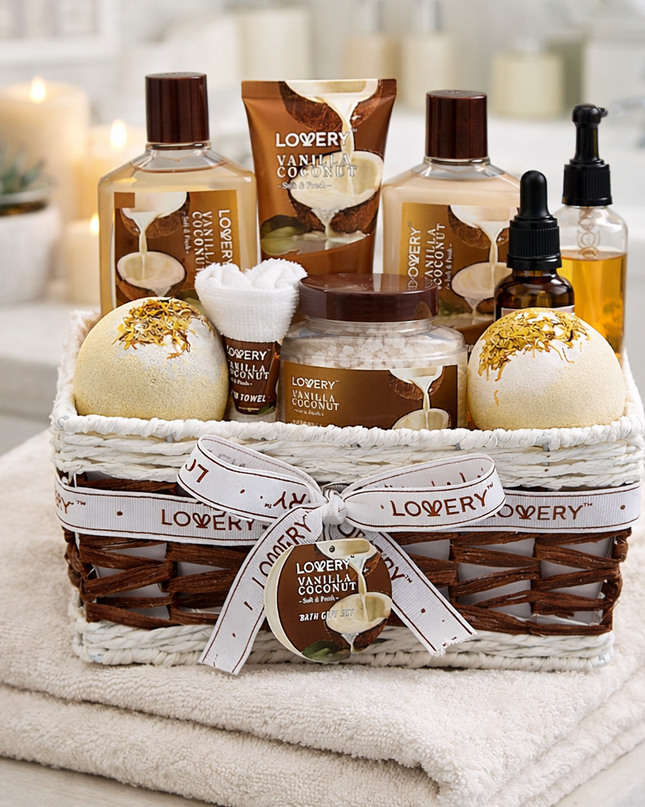 Bath and Body Gift Basket For Women and Men – 9 Piece Set of Vanilla Coconut Home Spa Set, Includes Fragrant Lotions, Extra Large Bath Bombs, Coconut Oil, Luxurious Bath Towel & More