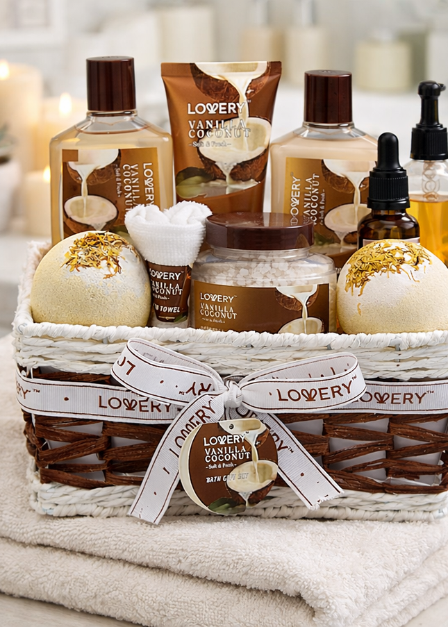 Bath and Body Gift Basket For Women and Men – 9 Piece Set of Vanilla Coconut Home Spa Set, Includes Fragrant Lotions, Extra Large Bath Bombs, Coconut Oil, Luxurious Bath Towel & More