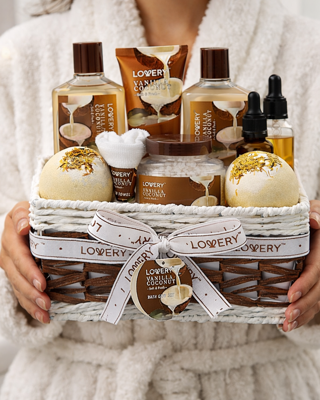 Bath and Body Gift Basket For Women and Men – 9 Piece Set of Vanilla Coconut Home Spa Set, Includes Fragrant Lotions, Extra Large Bath Bombs, Coconut Oil, Luxurious Bath Towel & More