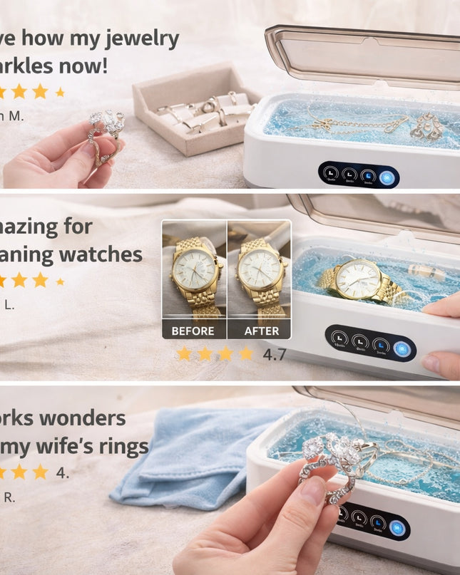 Ultrasonic Jewelry Cleaner Machine: 49KHz Ultrasonic Cleaner with 3 Cleaning Modes for Jewelry,Glasses,Rings,Watch Strap,Dentures,Retainers,Coins,Earring,650ML 304 Stainless Steel Tank(White)