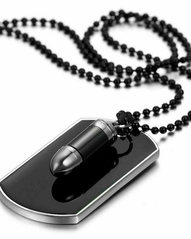 Men's Stainless Steel Black Bullet Dog Tag Pendant Necklace w Bead Chain