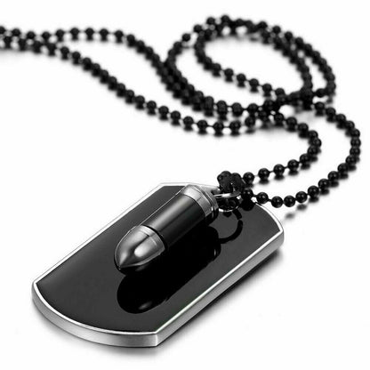 Men's Stainless Steel Black Bullet Dog Tag Pendant Necklace w Bead Chain