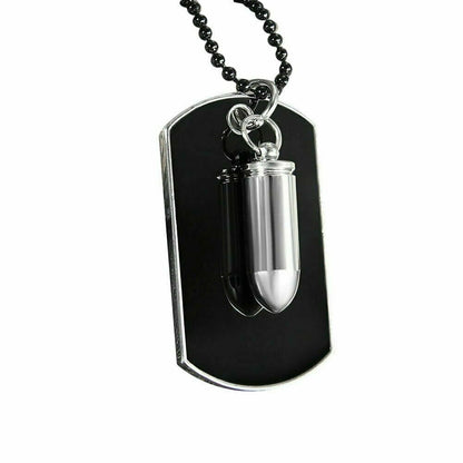 Men's Stainless Steel Black Bullet Dog Tag Pendant Necklace w Bead Chain