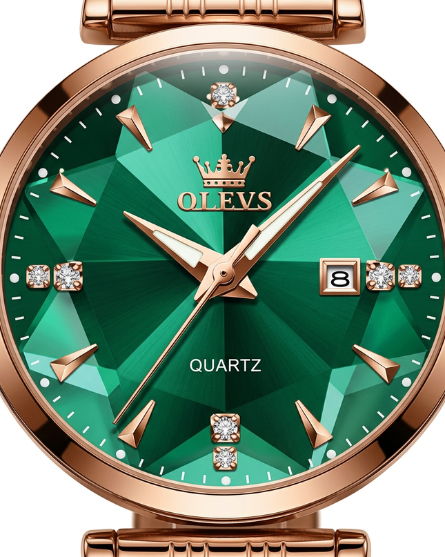 AI-generated dial close-up illustration of the OLEVS women's rose gold watch