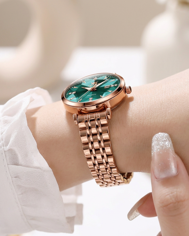 AI-generated wrist-worn side-view illustration of the OLEVS women's rose gold watch