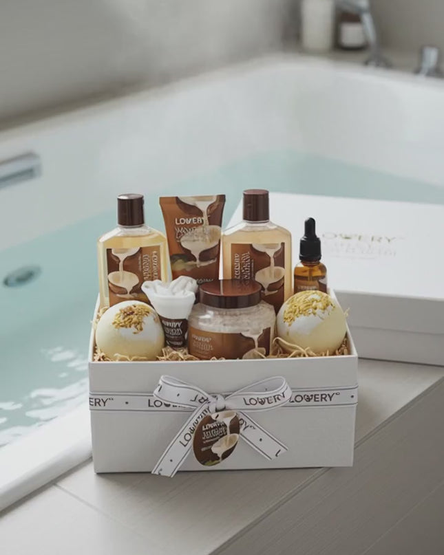 Bath and Body Gift Basket For Women and Men – 9 Piece Set of Vanilla Coconut Home Spa Set, Includes Fragrant Lotions, Extra Large Bath Bombs, Coconut Oil, Luxurious Bath Towel & More