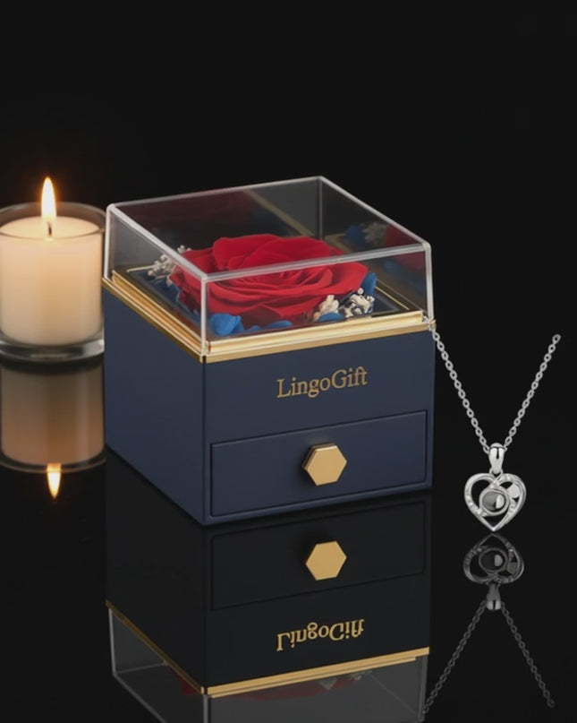 Preserved Real Red Forever Rose Rotating Box with I Love You Necklace 100 Languages,Eternal Flower for Delivery Prime Valentines Day Gifts for Her Women Mom Grandma Wife Girlfriend