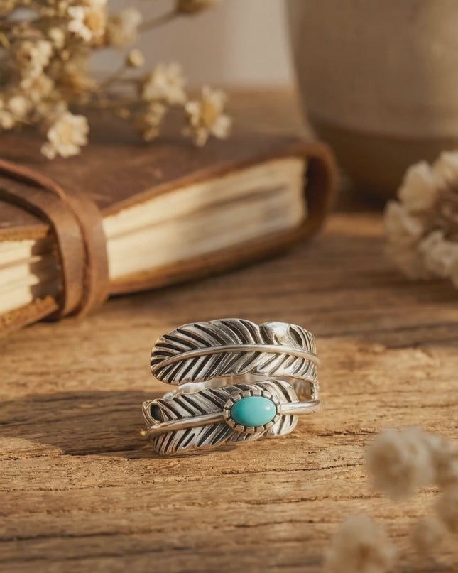 925 Sterling Silver Ring Feather Ring/Feather Black Onyx Rings/Feather Turquoise Rings Adjustable Feather Ring Stacking Ring Vintage Statement Ring for Women