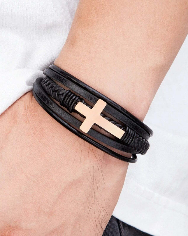 Cross Multi Layer Stainless Steel Fashion Men's Leather Bracelet Classic