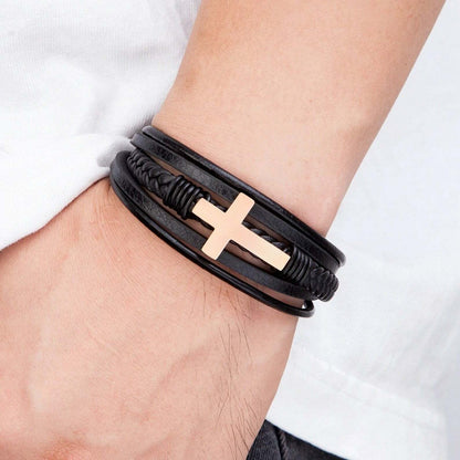 Cross Multi Layer Stainless Steel Fashion Men's Leather Bracelet Classic