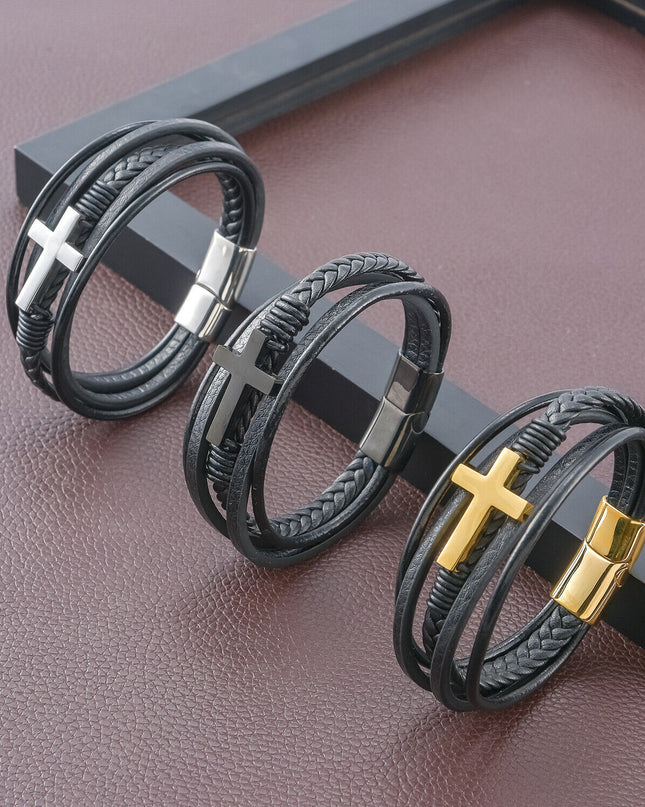 Cross Multi Layer Stainless Steel Fashion Men's Leather Bracelet Classic