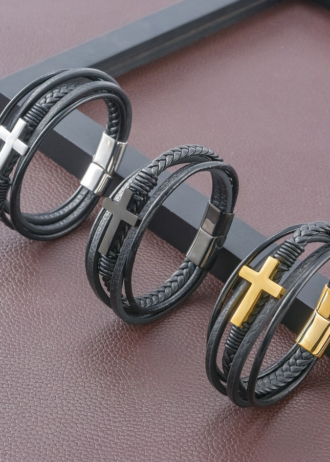 Cross Multi Layer Stainless Steel Fashion Men's Leather Bracelet Classic