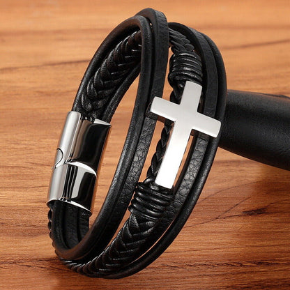 Cross Multi Layer Stainless Steel Fashion Men's Leather Bracelet Classic