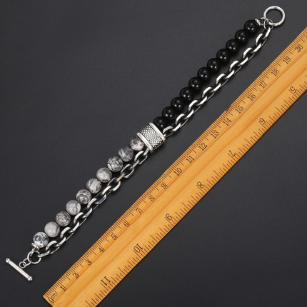 Natural Map Stone Men's Beaded Stainless Steel Bracelets Jewelry