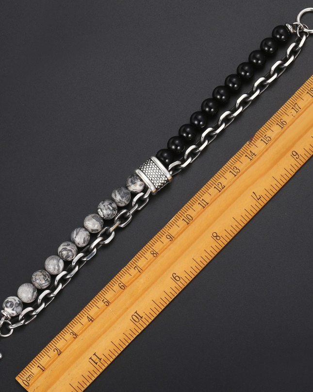 Natural Map Stone Men's Beaded Stainless Steel Bracelets Jewelry