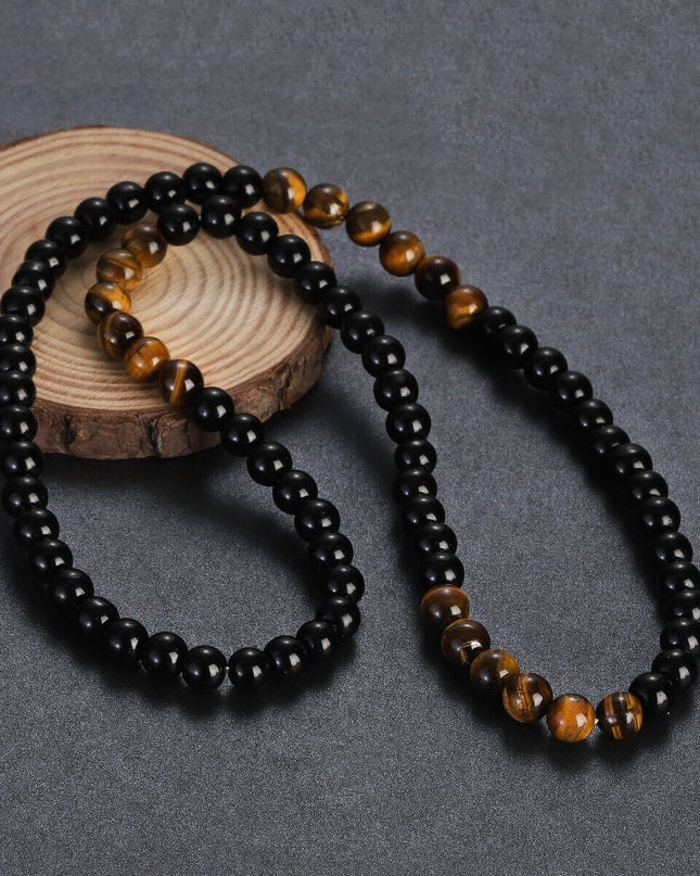 Men's Beads Necklace Black Obsidian Tiger Eye Stone Healing Chakra Necklace 24''