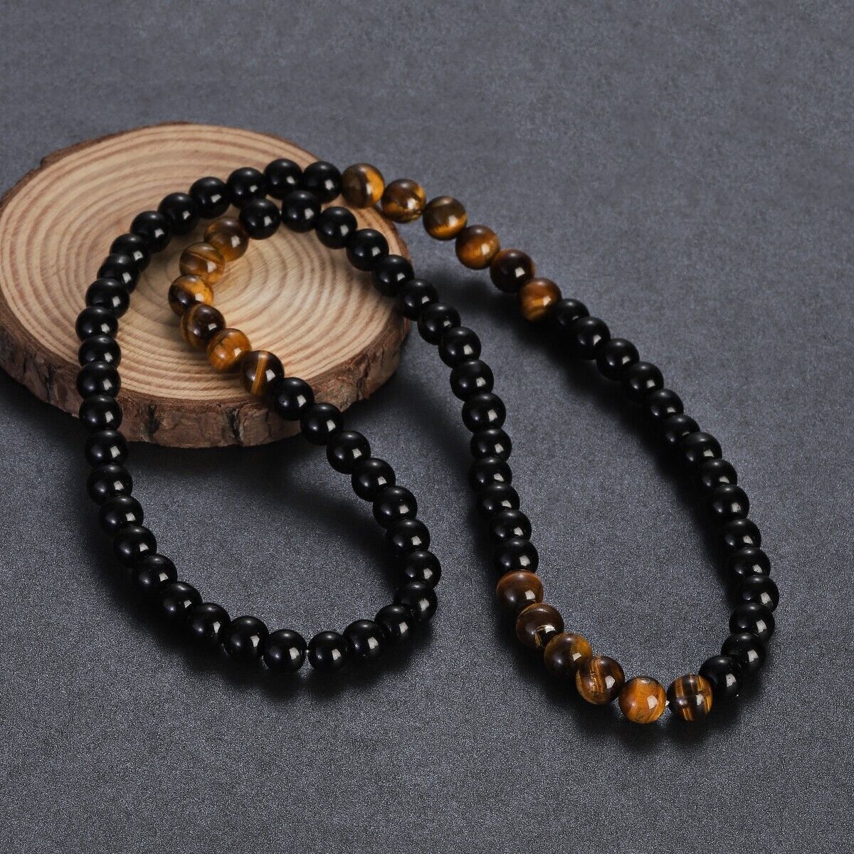 Men's Beads Necklace Black Obsidian Tiger Eye Stone Healing Chakra Necklace 24''