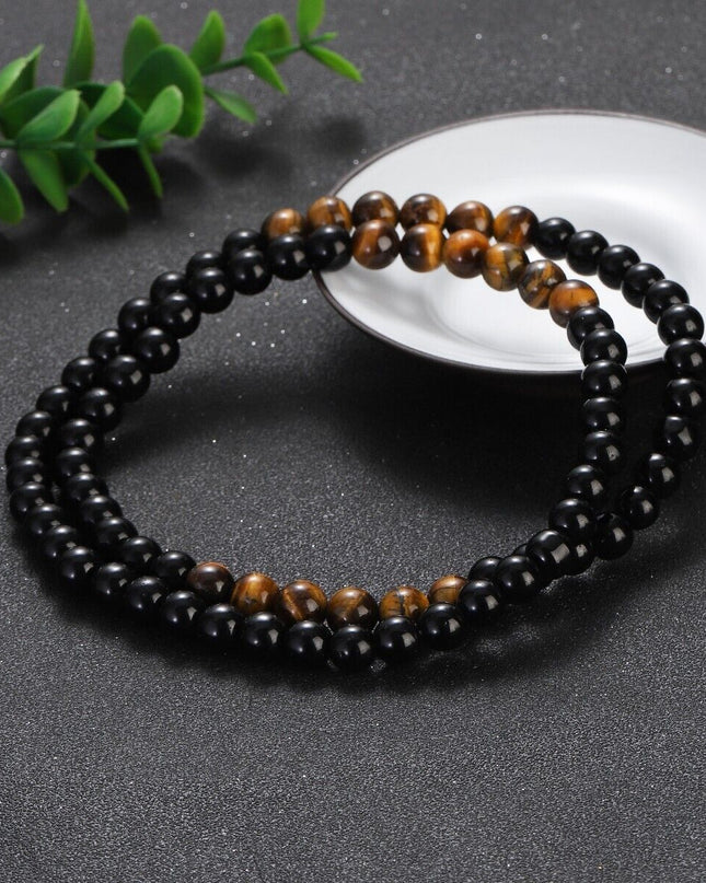 Men's Beads Necklace Black Obsidian Tiger Eye Stone Healing Chakra Necklace 24''