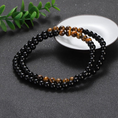 Men's Beads Necklace Black Obsidian Tiger Eye Stone Healing Chakra Necklace 24''