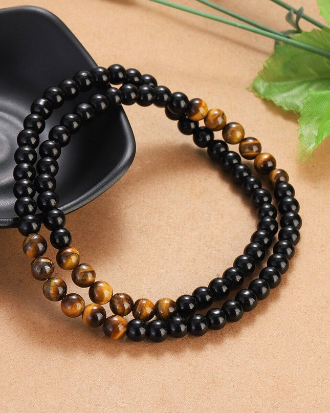Men's Beads Necklace Black Obsidian Tiger Eye Stone Healing Chakra Necklace 24''