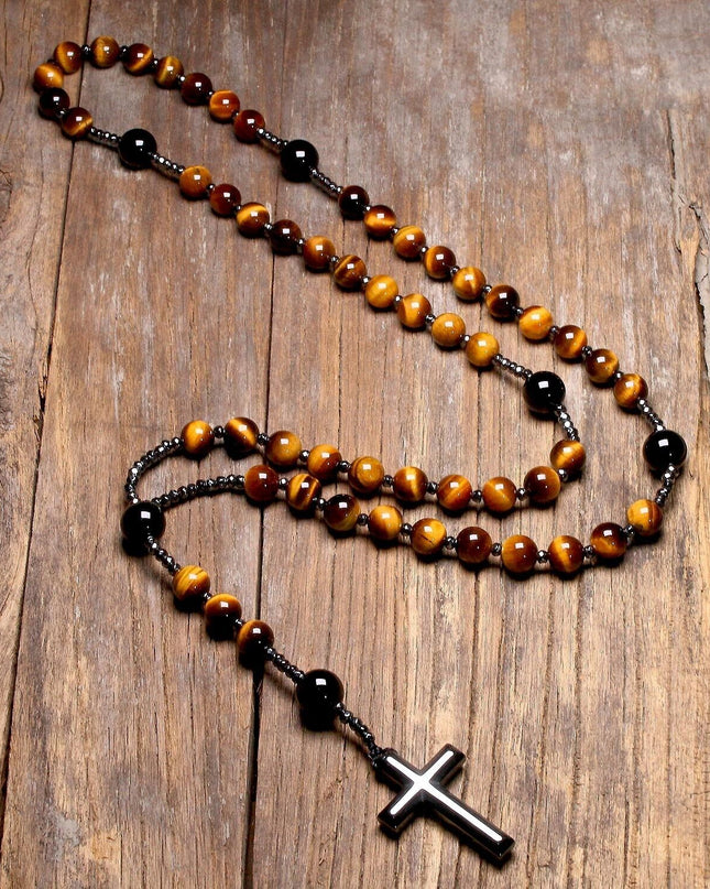 Tiger's Eye Rosary Beads Catholic Christ Hematite Cross Pendant Healing Necklace