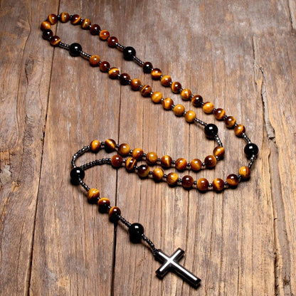 Tiger's Eye Rosary Beads Catholic Christ Hematite Cross Pendant Healing Necklace