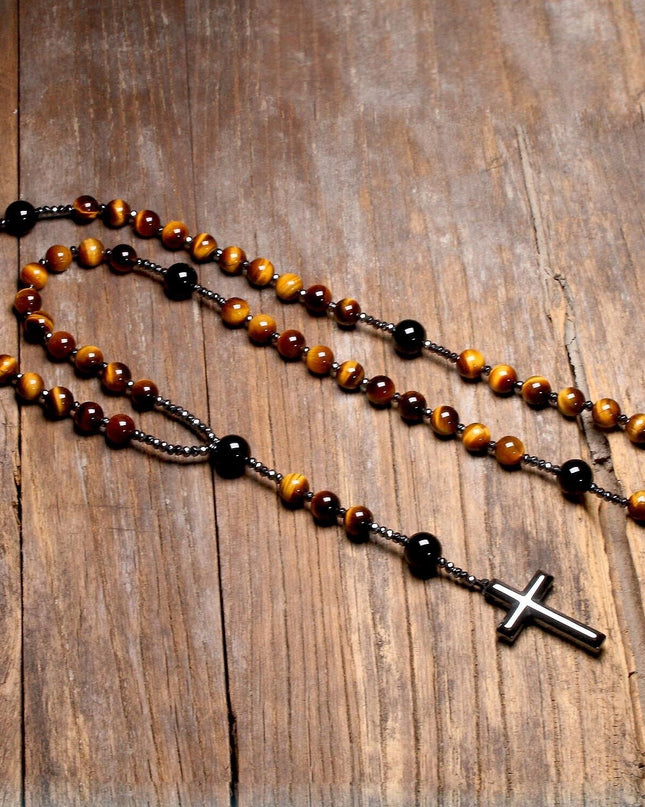 Tiger's Eye Rosary Beads Catholic Christ Hematite Cross Pendant Healing Necklace