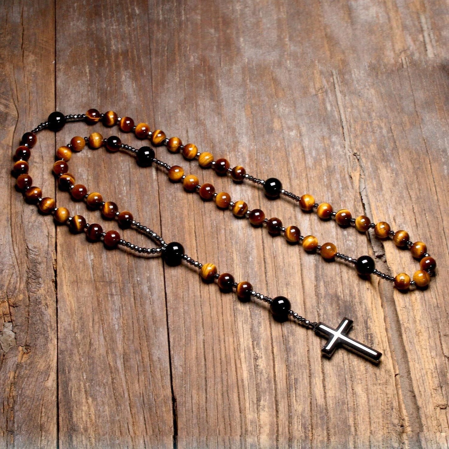 Tiger's Eye Rosary Beads Catholic Christ Hematite Cross Pendant Healing Necklace