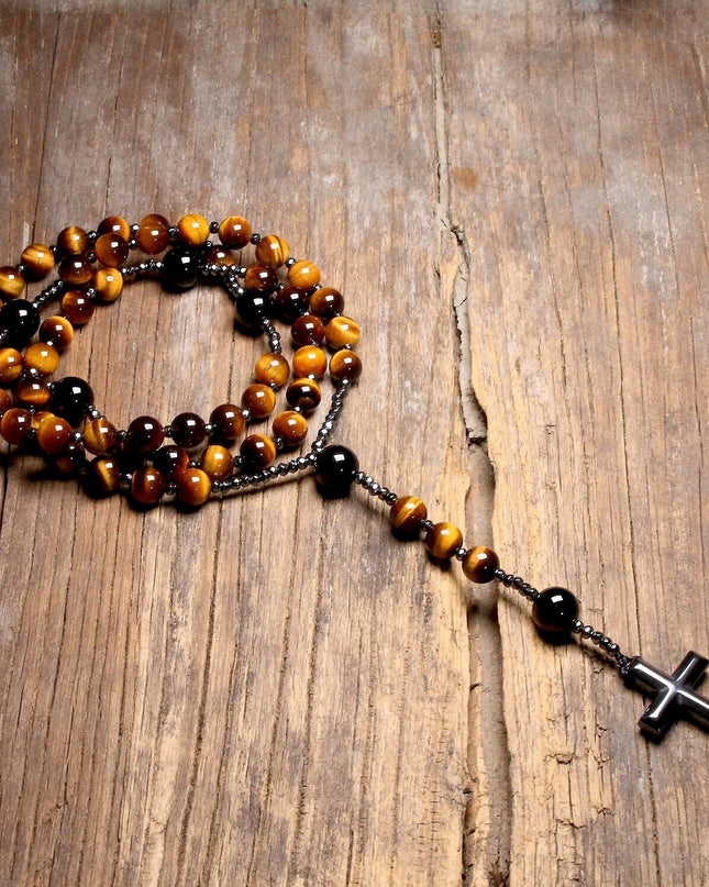 Tiger's Eye Rosary Beads Catholic Christ Hematite Cross Pendant Healing Necklace