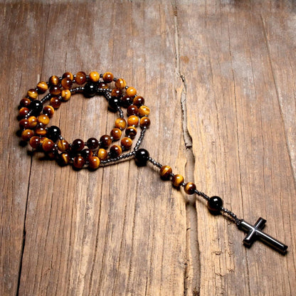 Tiger's Eye Rosary Beads Catholic Christ Hematite Cross Pendant Healing Necklace