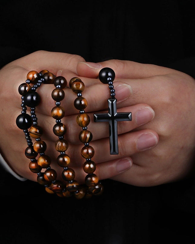 Tiger's Eye Rosary Beads Catholic Christ Hematite Cross Pendant Healing Necklace