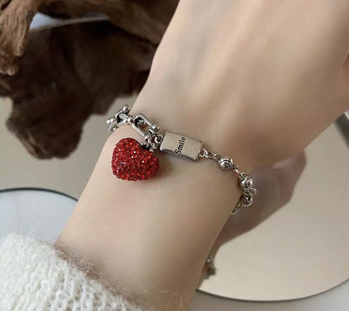 Women S925 Silver Charm Chunky Bracelet Silver Bracelet Red Heart Bracelet