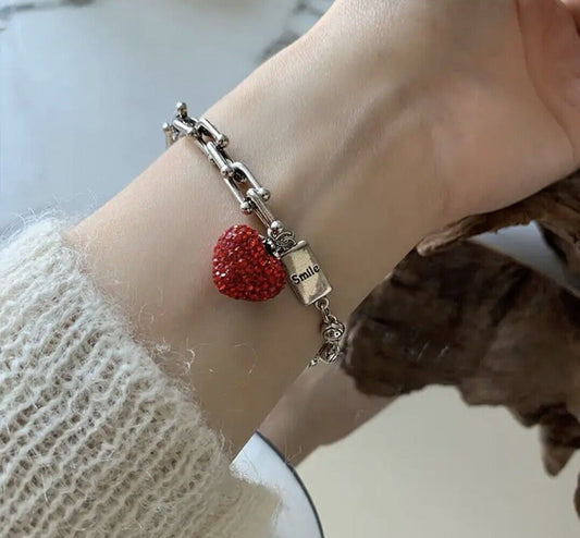 Women S925 Silver Charm Chunky Bracelet Silver Bracelet Red Heart Bracelet