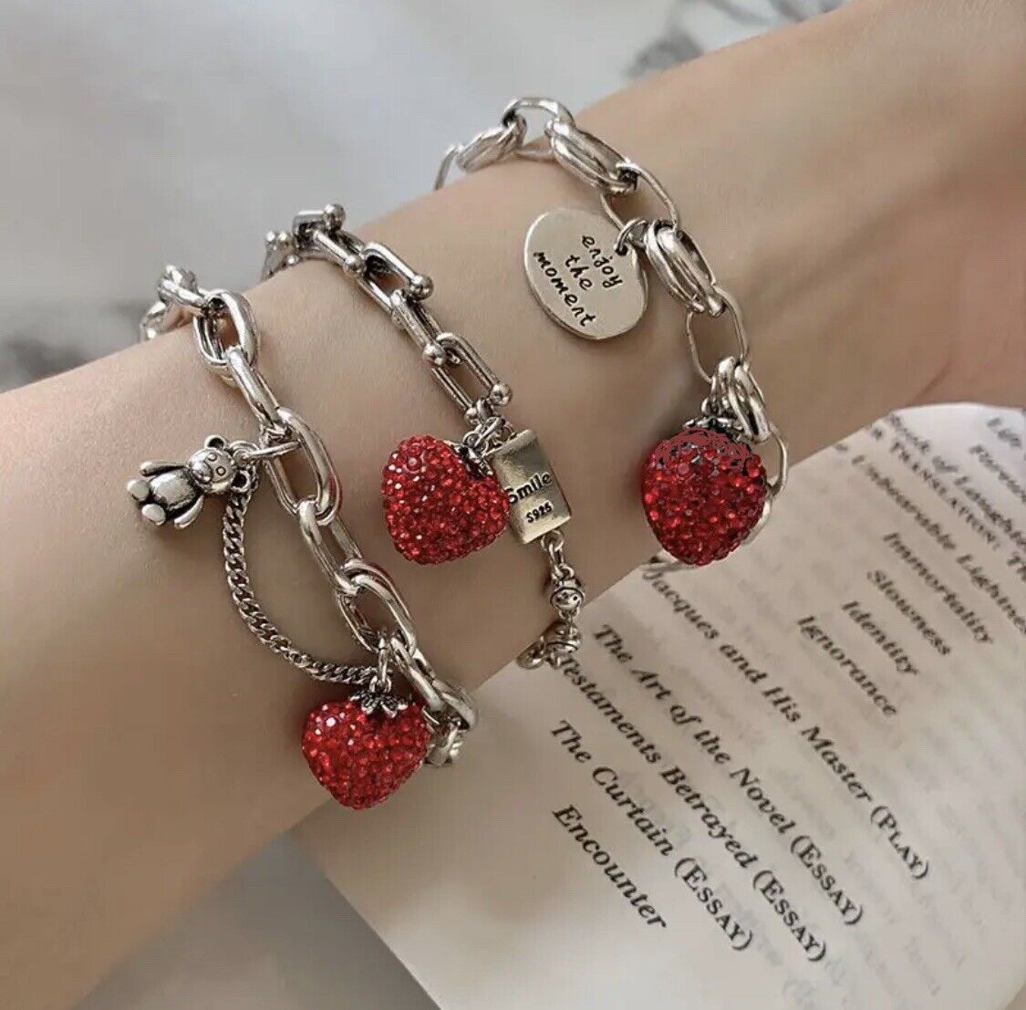 Women S925 Silver Charm Chunky Bracelet Silver Bracelet Red Heart Bracelet