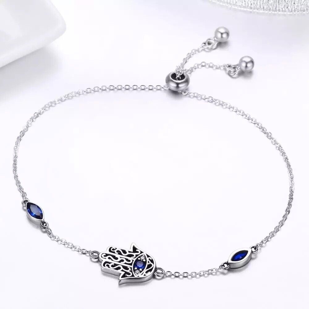 Hamsa Hand Bracelet / Evil Eye Bracelet 925 Sterling Silver / Cubic Zirconia