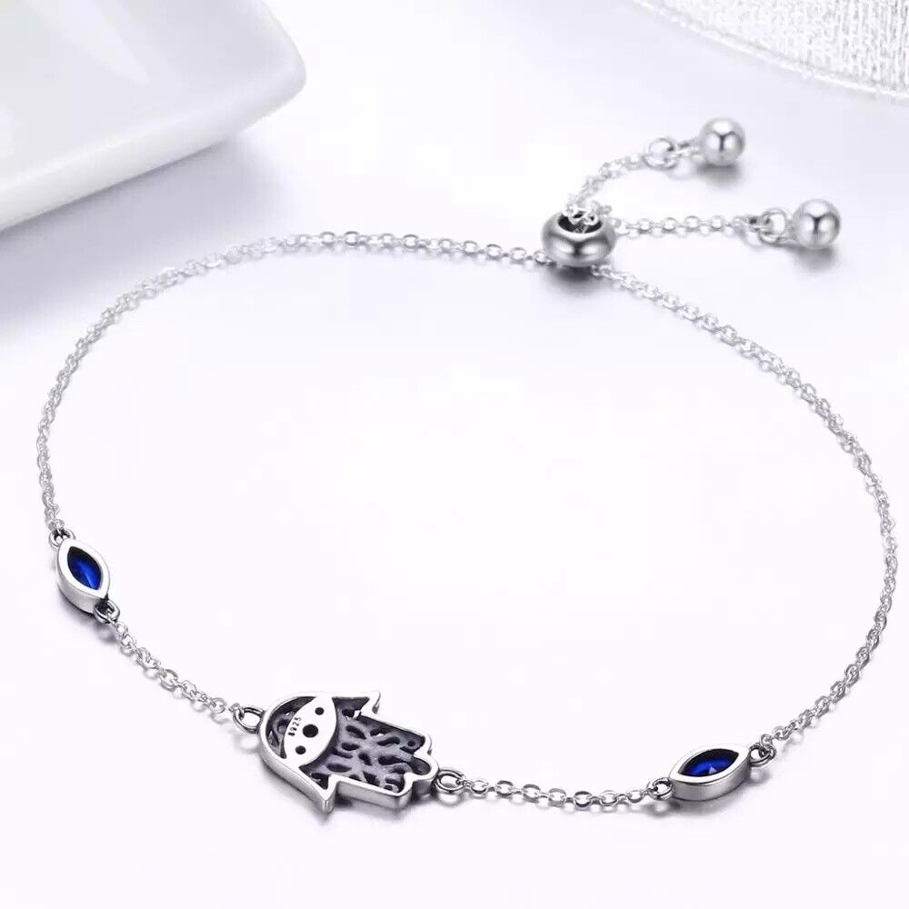 Hamsa Hand Bracelet / Evil Eye Bracelet 925 Sterling Silver / Cubic Zirconia