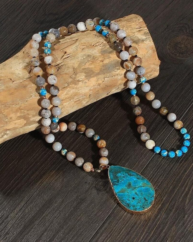 Natural Amazonite Jasper Stone Beaded Necklace Raw Turquoise Pendant
