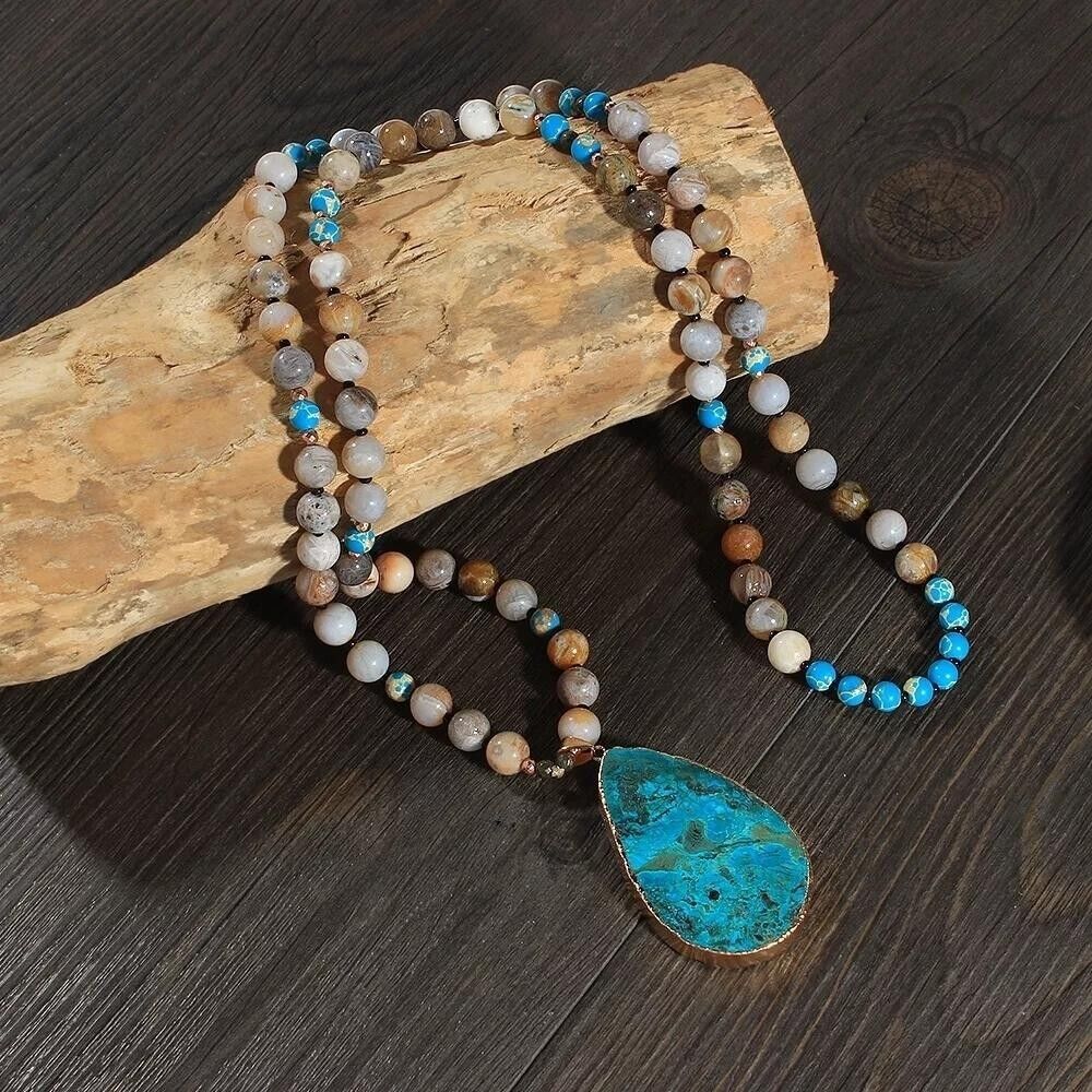 Natural Amazonite Jasper Stone Beaded Necklace Raw Turquoise Pendant