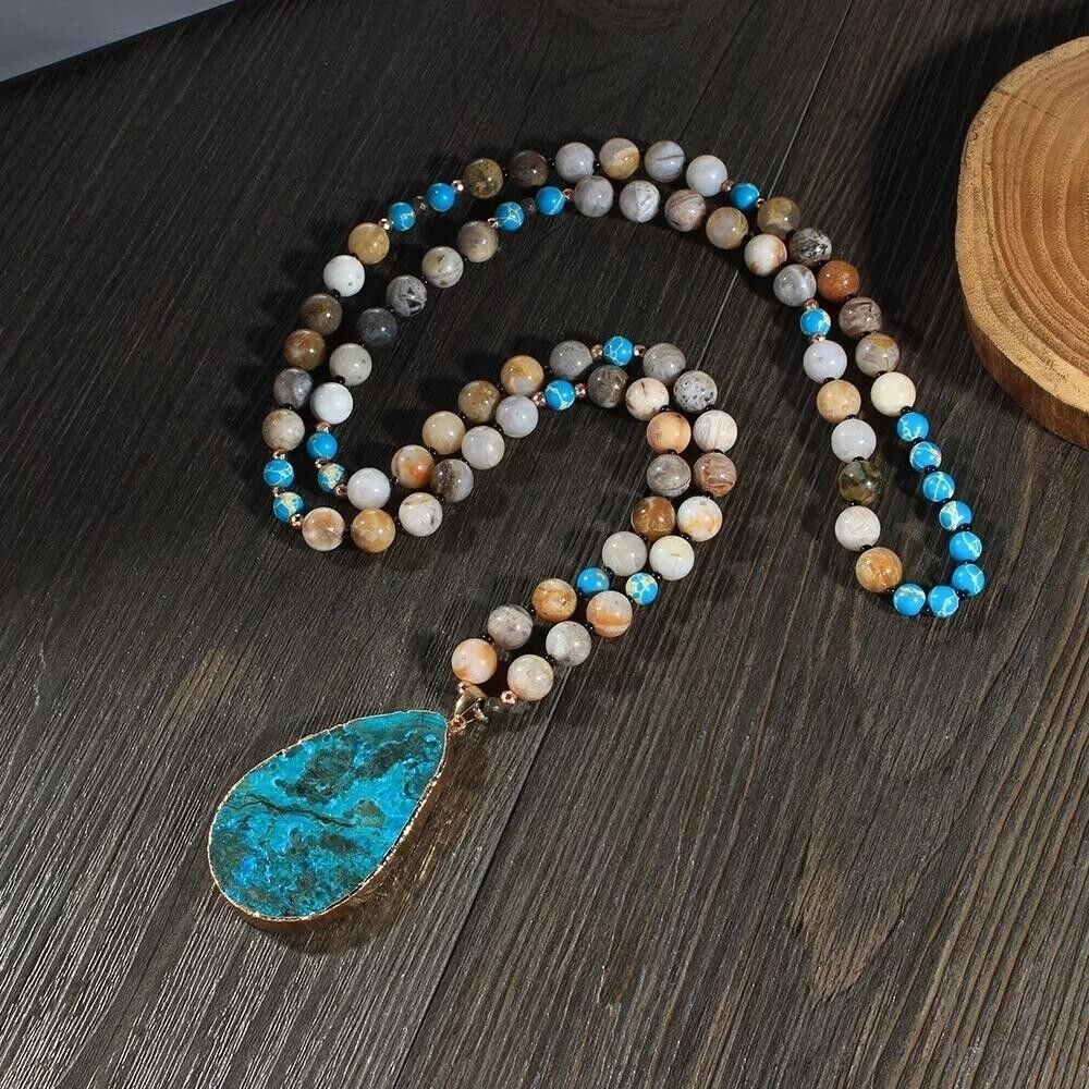 Natural Amazonite Jasper Stone Beaded Necklace Raw Turquoise Pendant